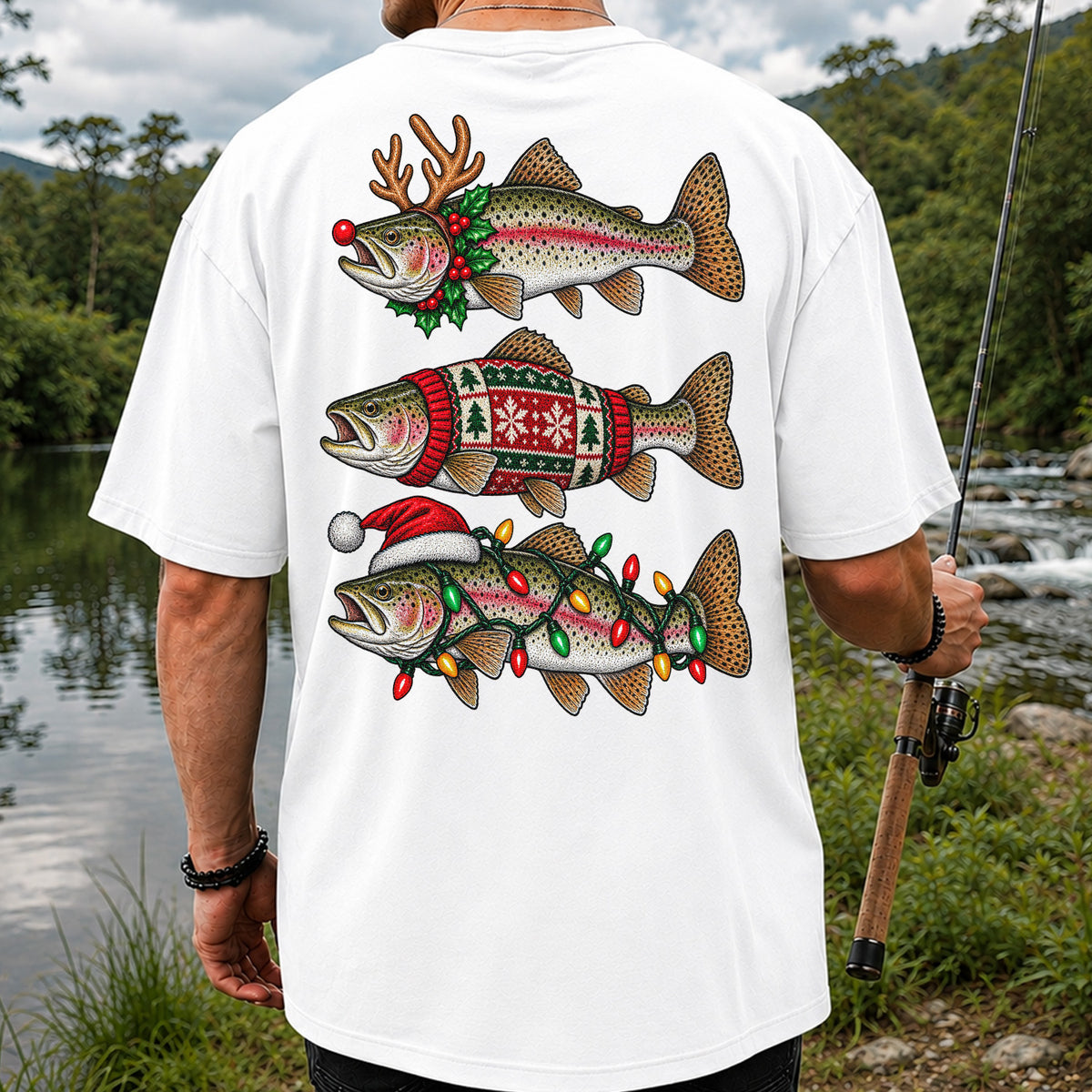 Christmas Trout Antlers Sweater and Lights Fishing T-Shirt | Back Print