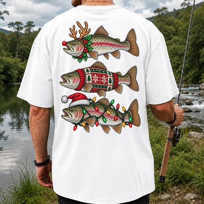 Christmas Trout Antlers Sweater and Lights Fishing T-Shirt | Back Print