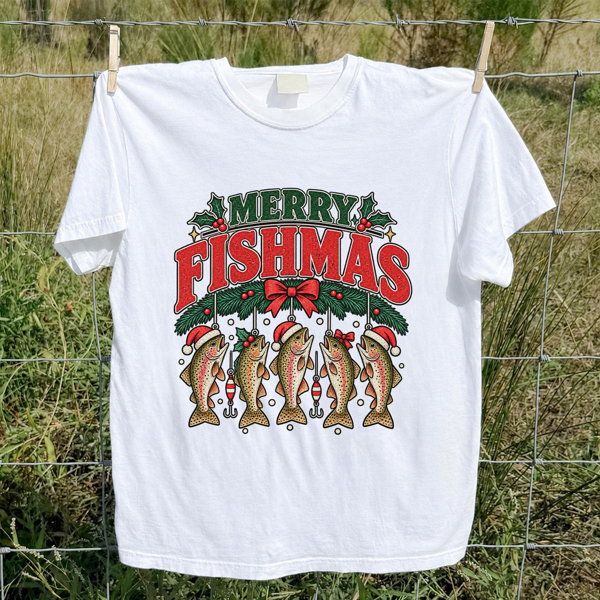 Merry Fishmas Christmas Rainbow Trout Fishing T-Shirt