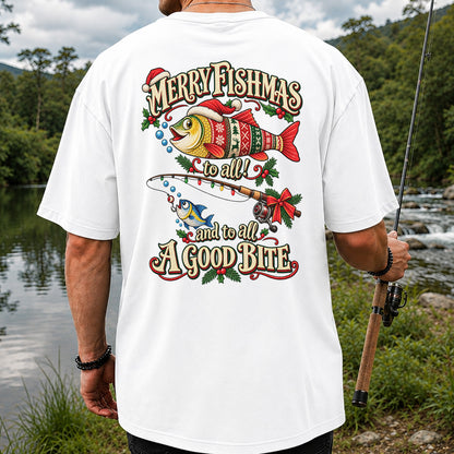 Merry Fishmas to All and to All a Good Bite Christmas Fishing T-Shirt | Back Print