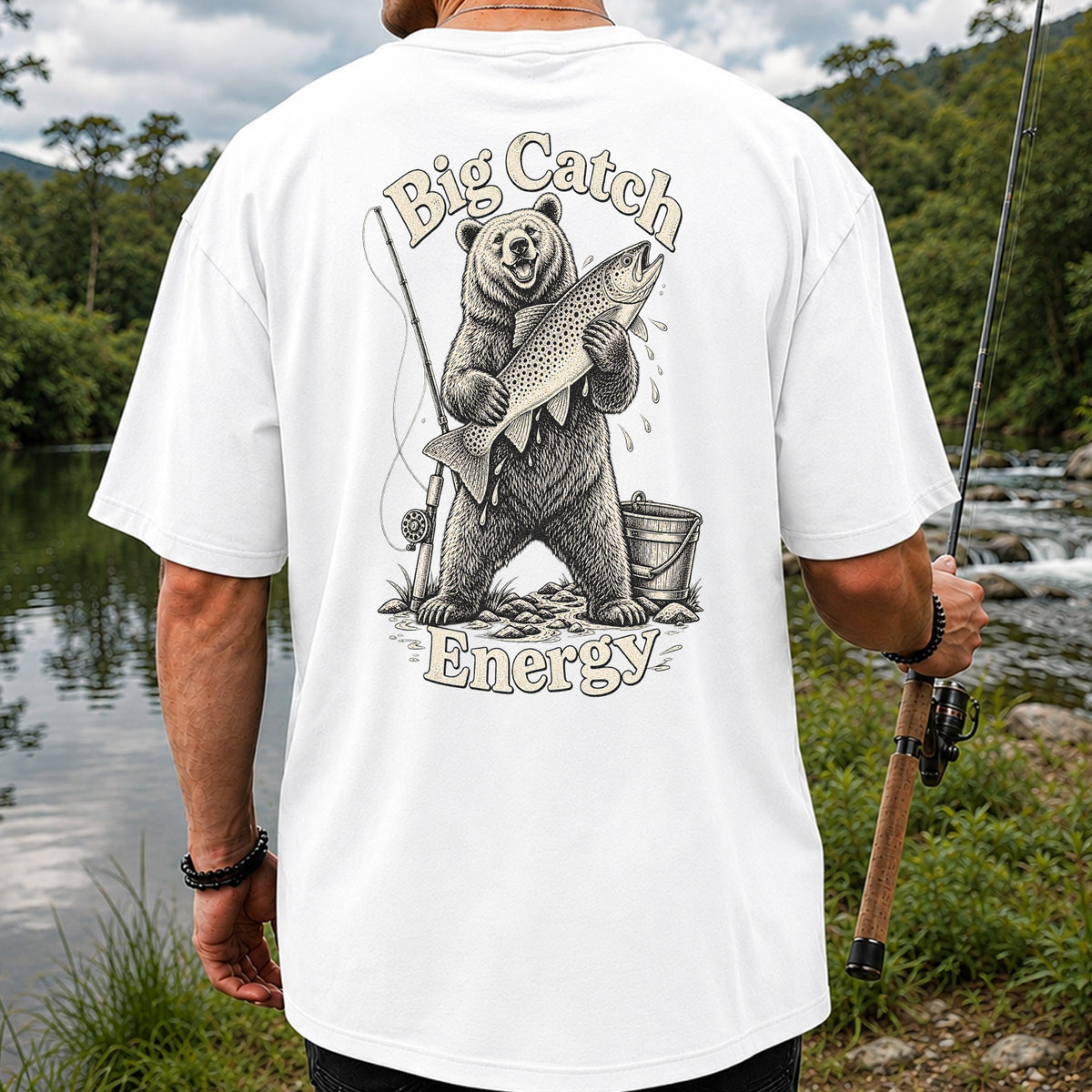 Big Catch Energy Bear and Trout Fishing T-Shirt | Back Print