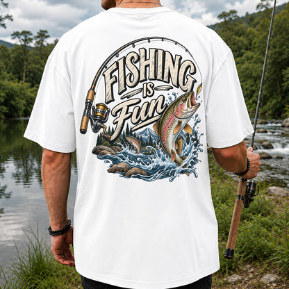 Fishing Is Fun Rainbow Trout and Mountain Graphic T-Shirt | Back Print