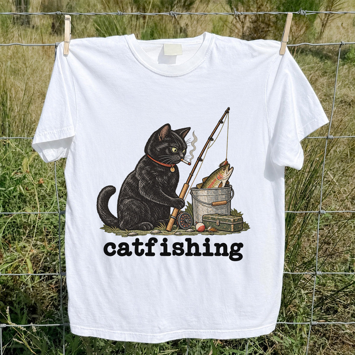 Catfishing Smoking Black Cat with Fishing Rod Funny T-Shirt