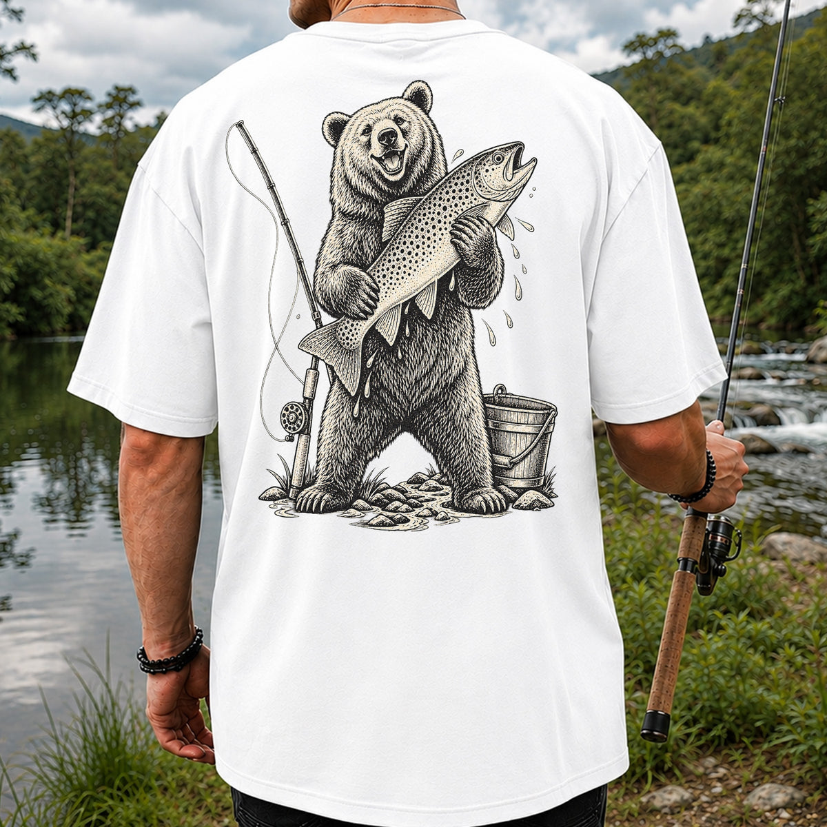 Bear Holding Trout Fishing Graphic T-Shirt | Back Print