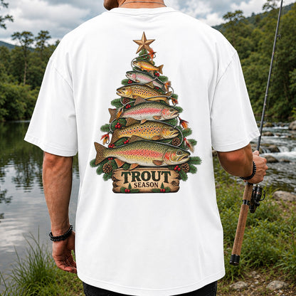 Trout Season Fish Christmas Tree Fishing T-Shirt | Back Print