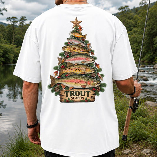 Trout Season Fish Christmas Tree Fishing T-Shirt | Back Print