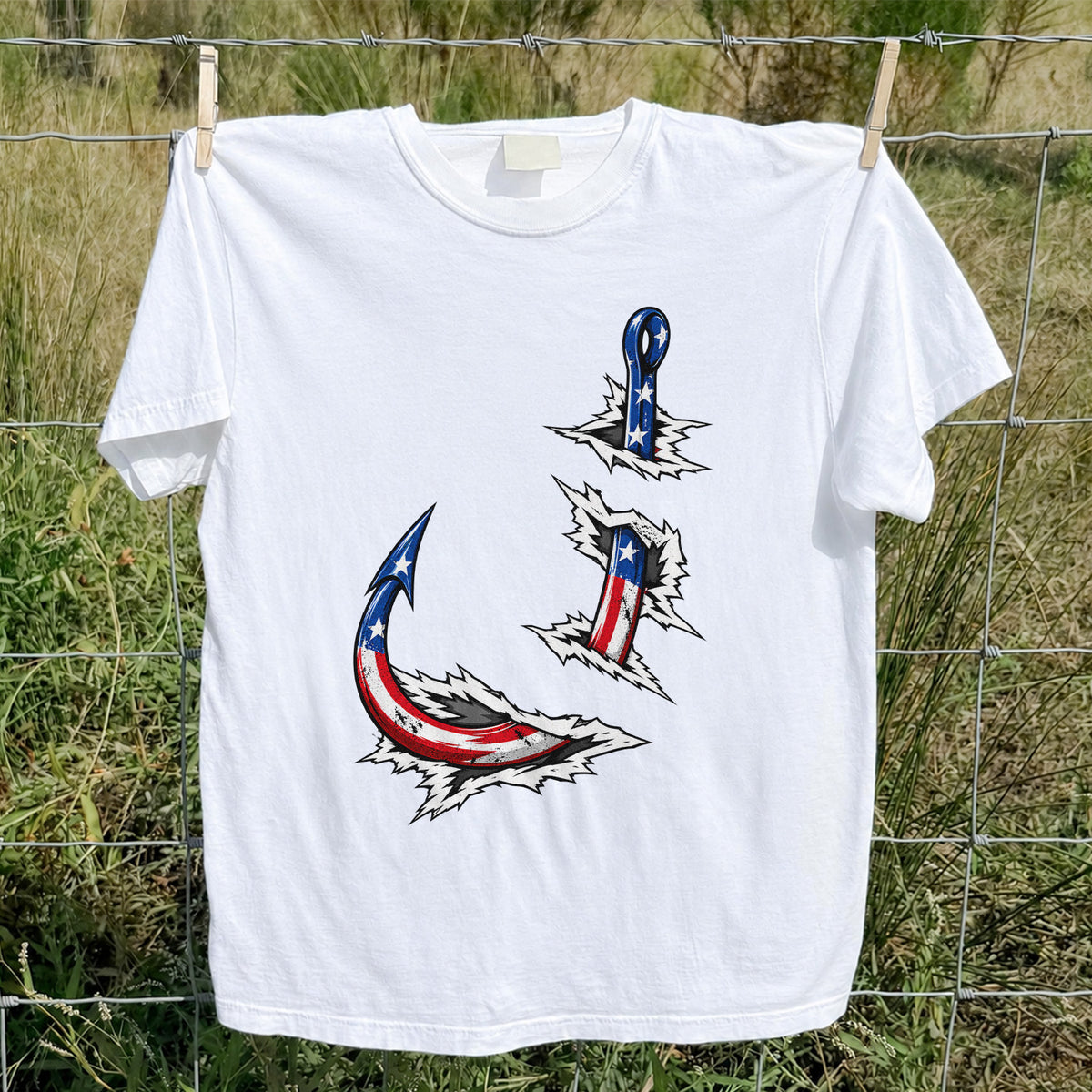 Patriotic American Flag Fishing Hooks Graphic T-Shirt