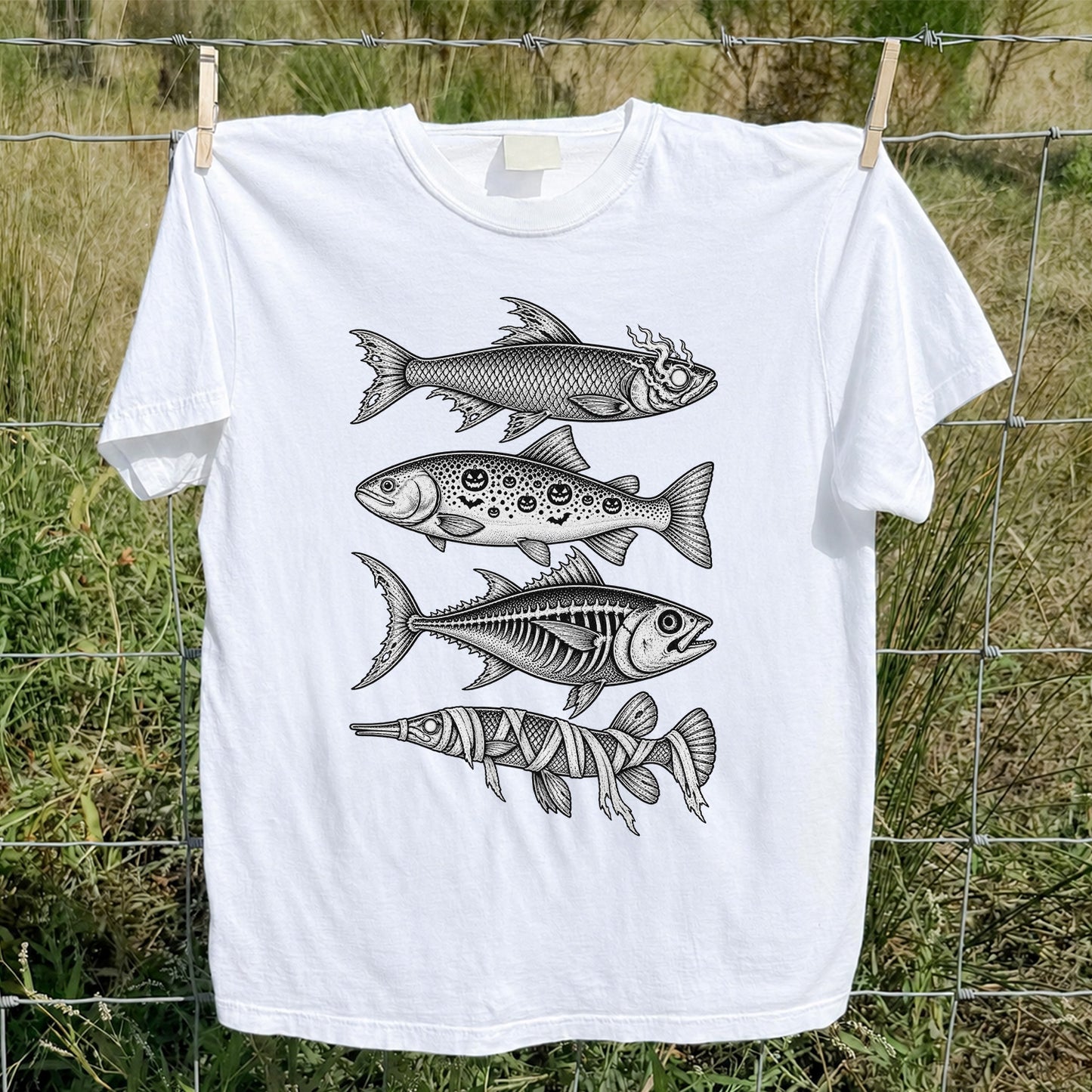 Halloween Zombie Pumpkin Skeleton and Mummy Fish Graphic T-Shirt