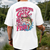 Move Over Boys Let This Girl Show You How to Fish Bass in Pink Hat Fishing T-Shirt | Back Print