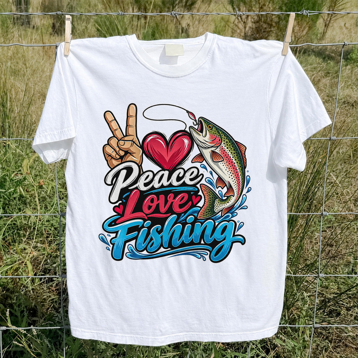 Peace Love Fishing Rainbow Trout and Heart Graphic T-Shirt