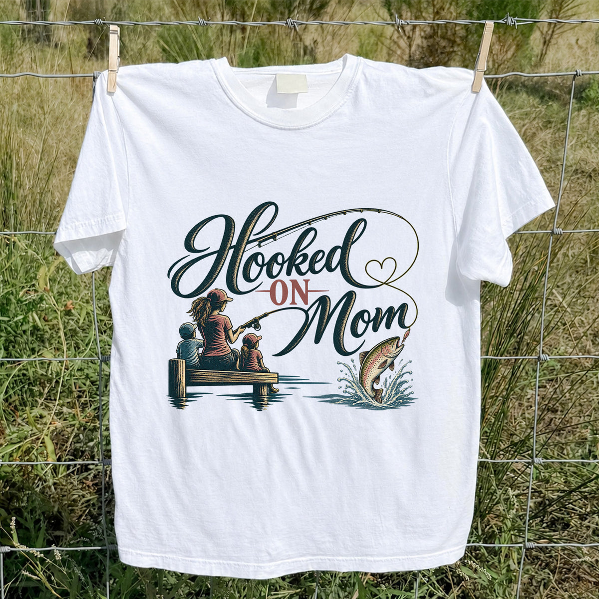 Hooked on Mom Family Fishing Graphic T-Shirt