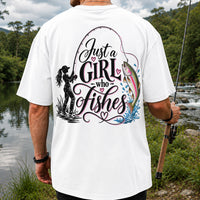 Just a Girl Who Fishes Rainbow Trout and Female Angler Fishing T-Shirt | Back Print