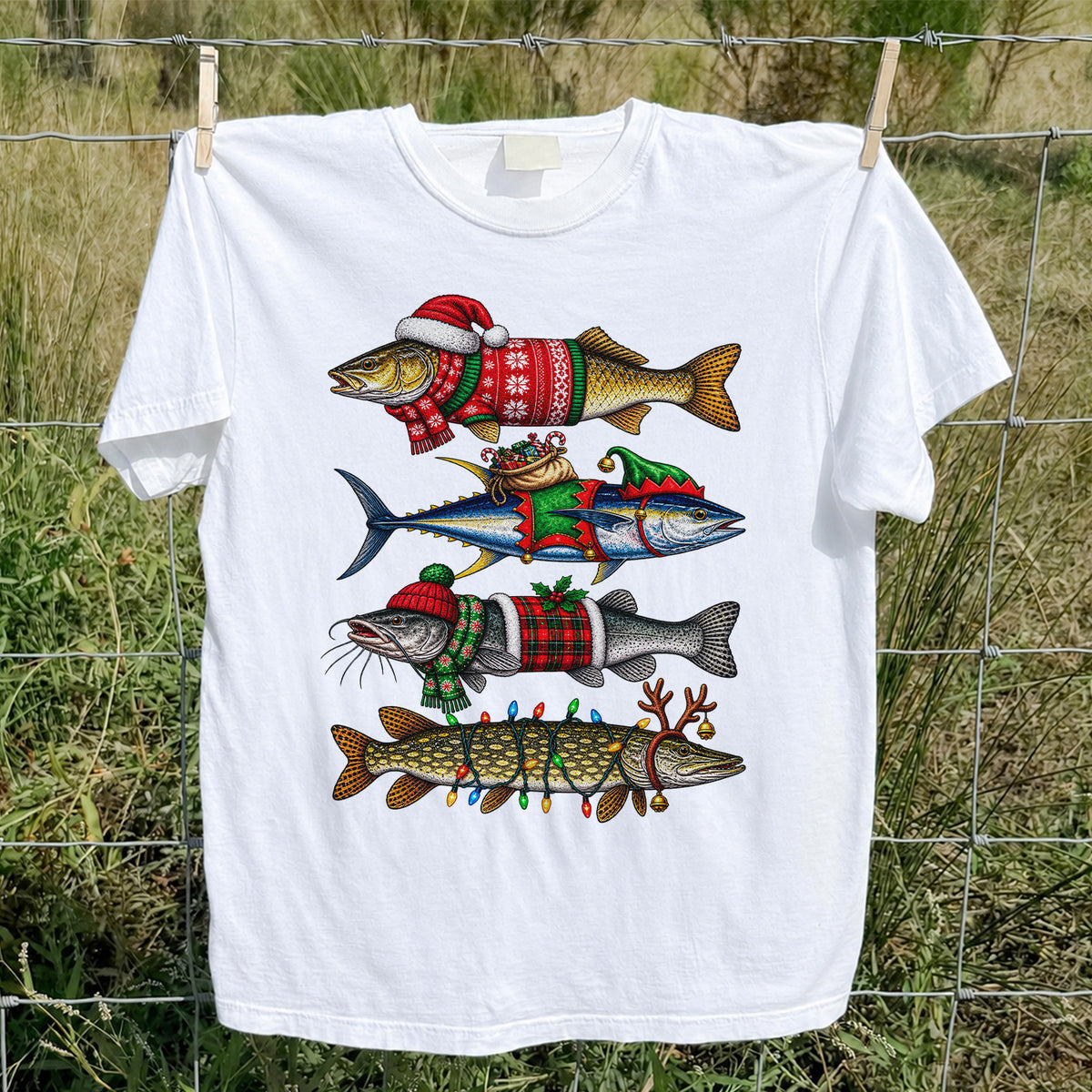 Christmas Fish in Festive Sweaters Fishing Graphic T-Shirt
