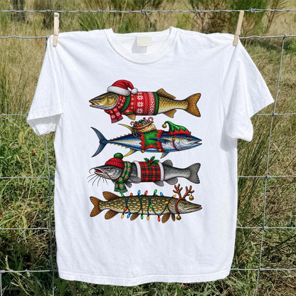 Christmas Fish in Festive Sweaters Fishing Graphic T-Shirt