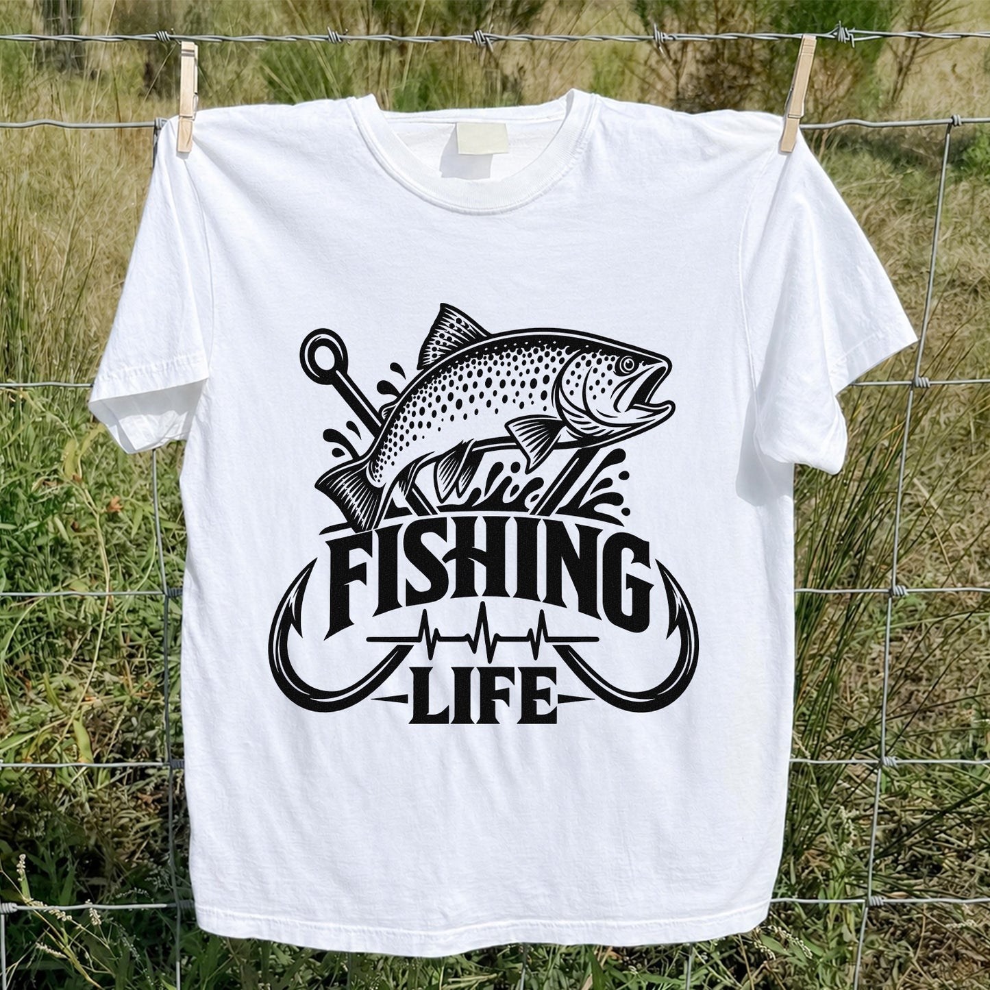 Fishing Life Trout and Hooks Heartbeat Graphic T-Shirt