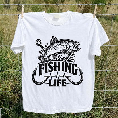 Fishing Life Trout and Hooks Heartbeat Graphic T-Shirt