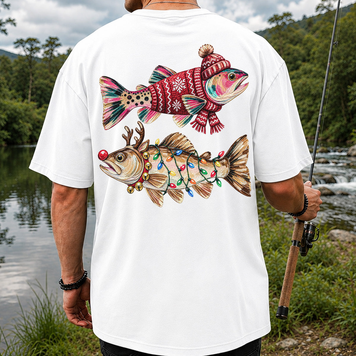 Festive Christmas Fish with Lights Fishing Graphic T-Shirt | Back Print