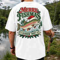 Merry Fishmas Rainbow Trout in Santa Hat Christmas Fishing T-Shirt | Back Print