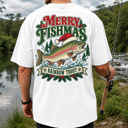 Merry Fishmas Rainbow Trout in Santa Hat Christmas Fishing T-Shirt | Back Print