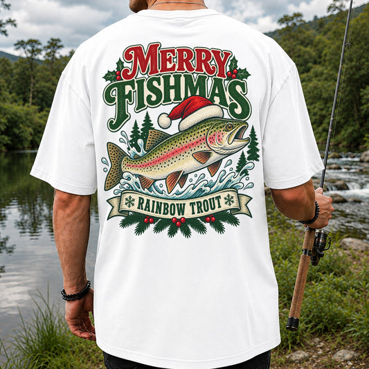Merry Fishmas Rainbow Trout in Santa Hat Christmas Fishing T-Shirt | Back Print