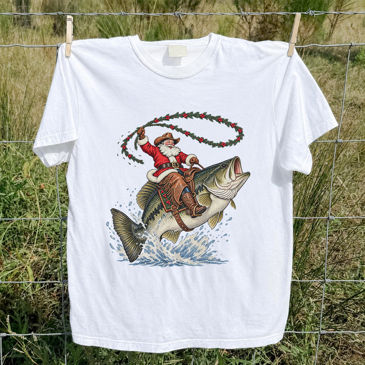 Cowboy Santa Riding a Jumping Bass Christmas Fishing Graphic T-Shirt