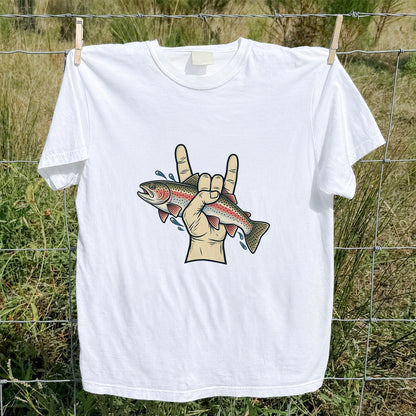 Rainbow Trout Rock On Hand Gesture Fishing Graphic T-Shirt