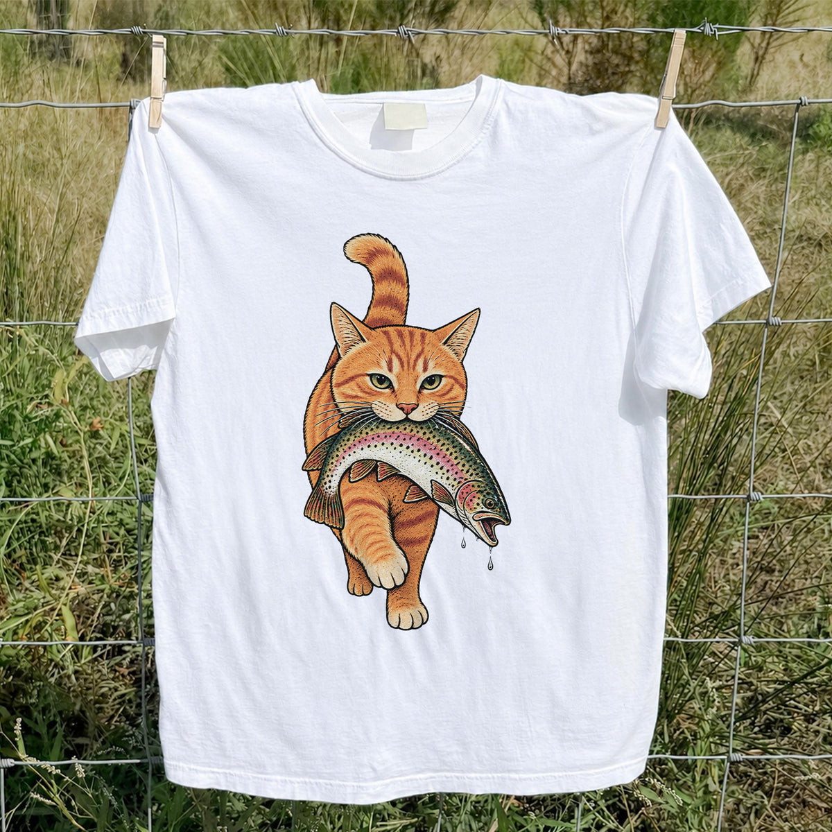 Cat Holding Trout Funny Fishing Graphic T-Shirt