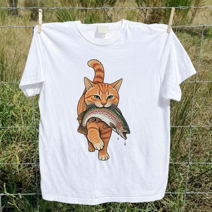 Cat Holding Trout Funny Fishing Graphic T-Shirt