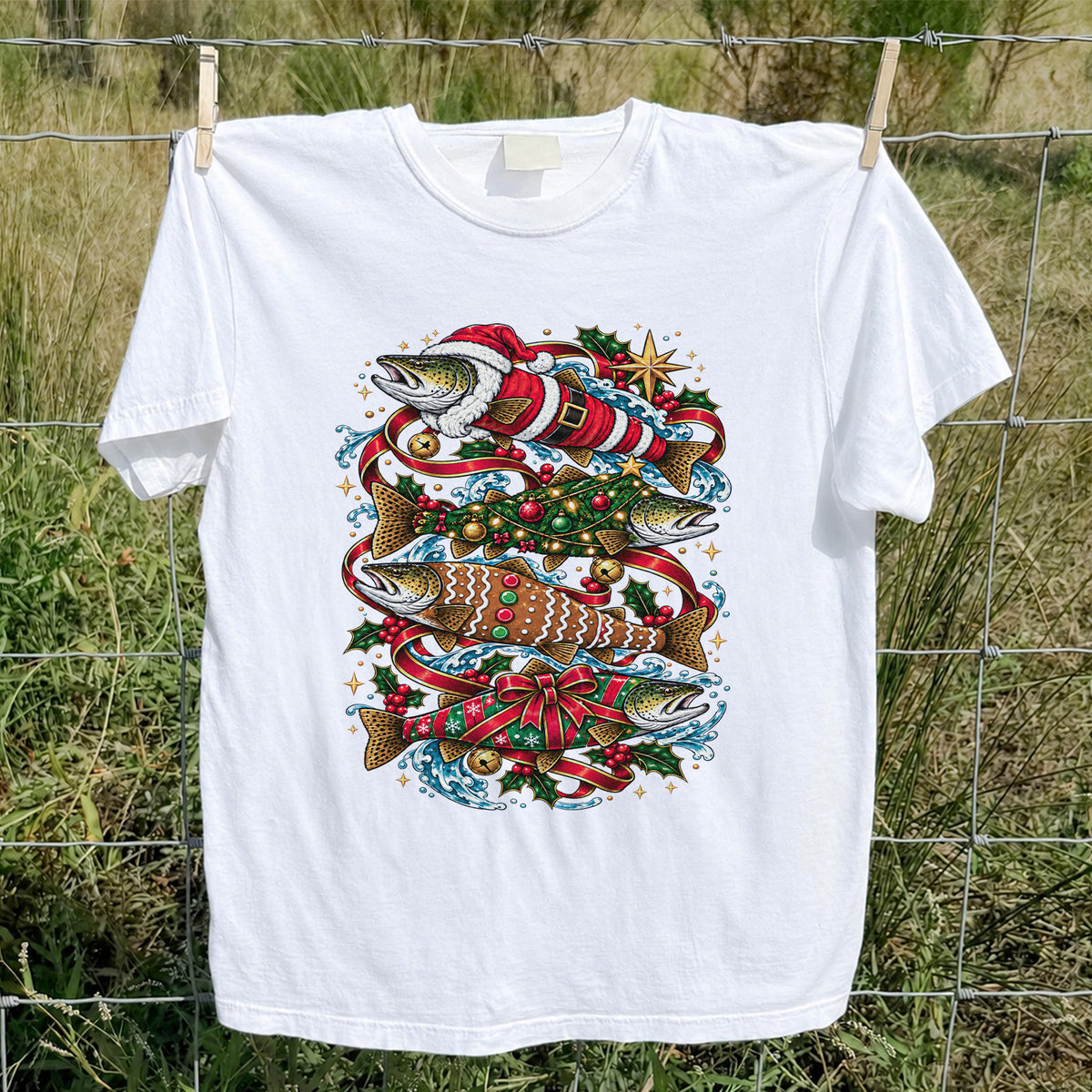 Santa and Gingerbread Trout Christmas Fishing Graphic T-Shirt