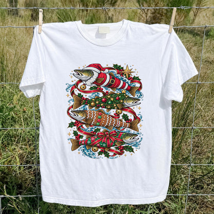 Santa and Gingerbread Trout Christmas Fishing Graphic T-Shirt