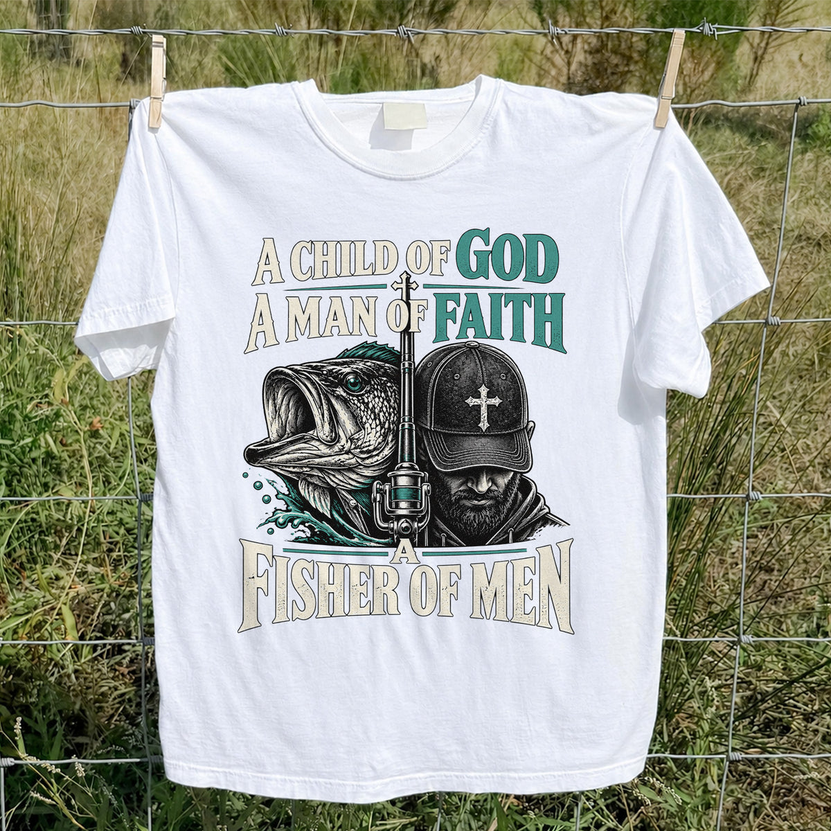 A Child of God A Man of Faith A Fisher of Men Bass Fishing T-Shirt