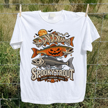 Spooky Trout Mummy Pumpkin Bones Halloween Fishing T-Shirt