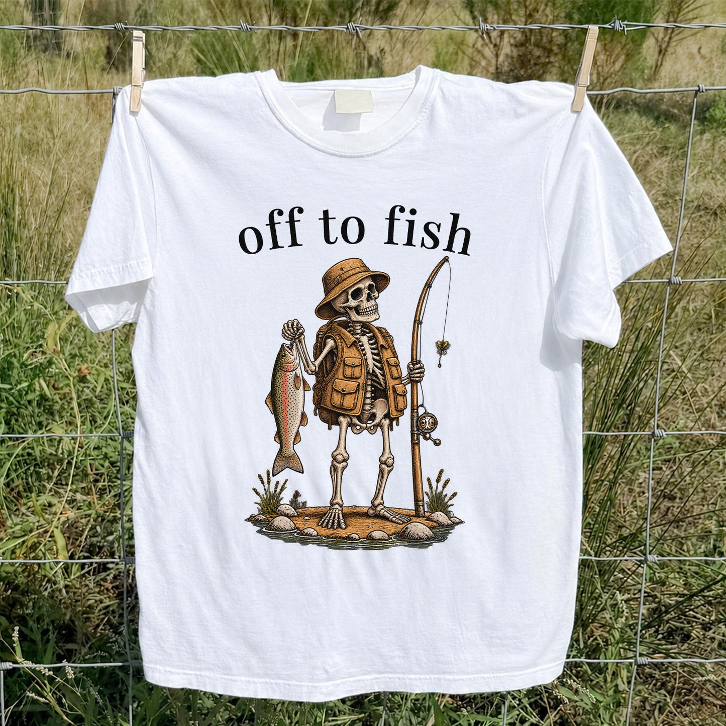 Off to Fish Skeleton Angler Funny Fishing T-Shirt