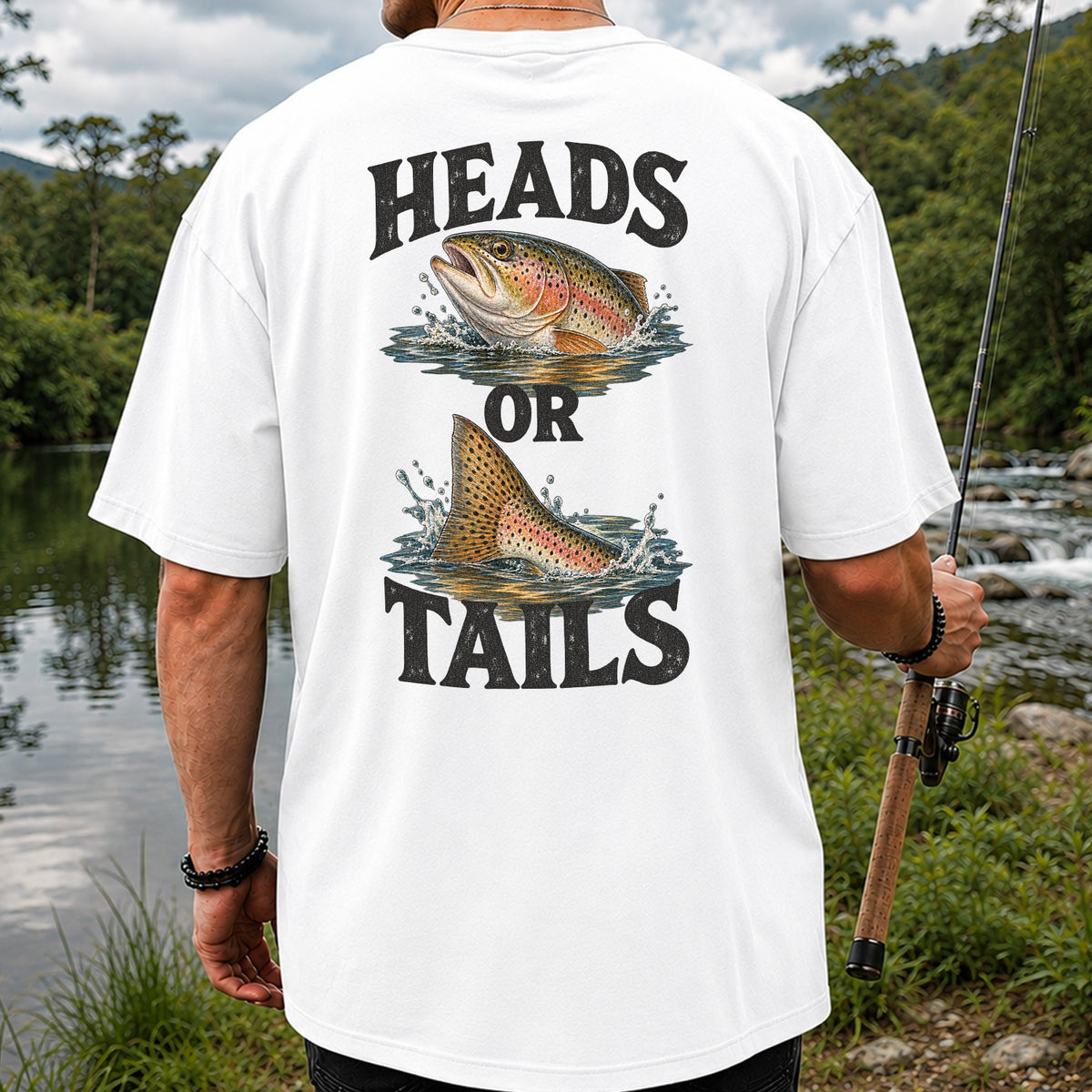 Rainbow Trout Heads or Tails Fishing Graphic T-Shirt | Back Print