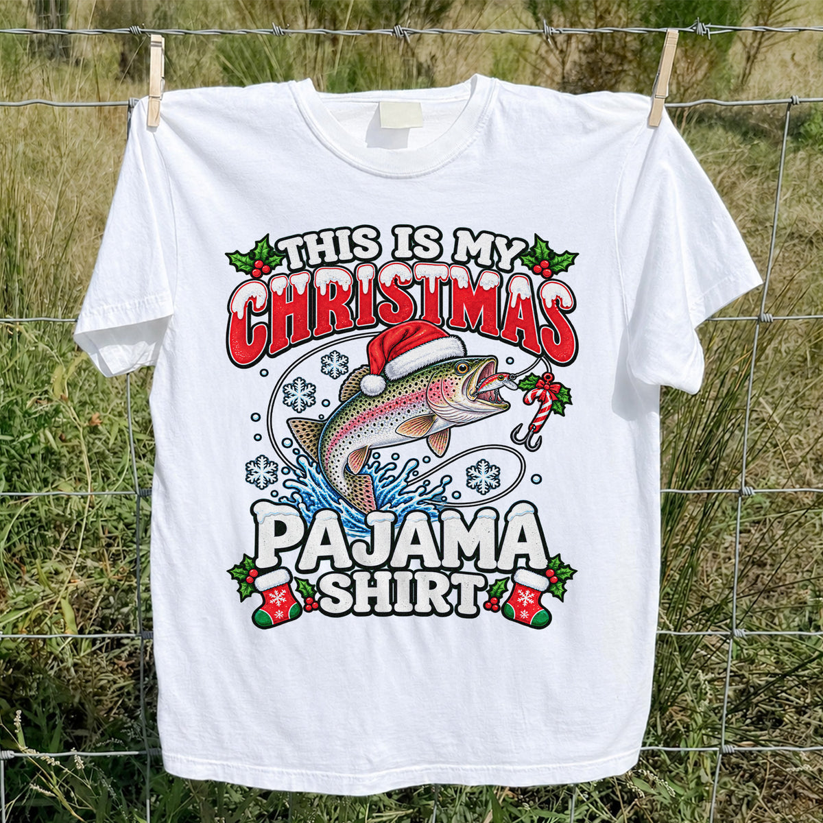 This Is My Christmas Pajama Shirt Rainbow Trout Fishing T-Shirt
