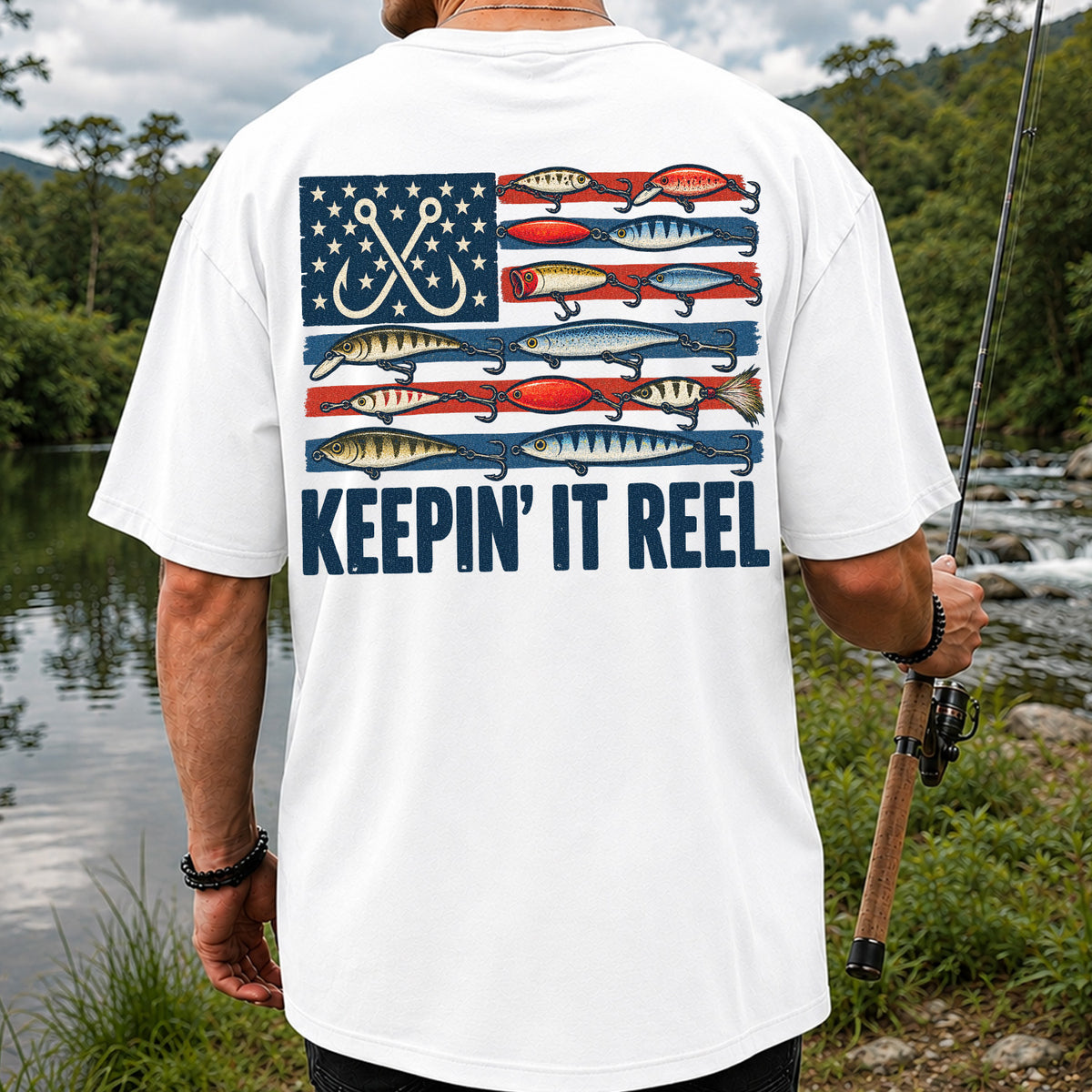 Keepin' It Reel American Flag Fishing Lures Graphic T-Shirt | Back Print