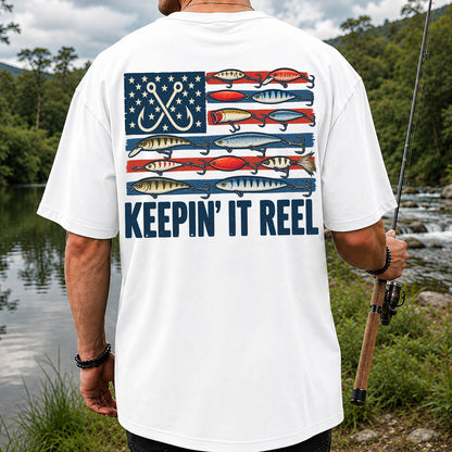 Keepin' It Reel American Flag Fishing Lures Graphic T-Shirt | Back Print