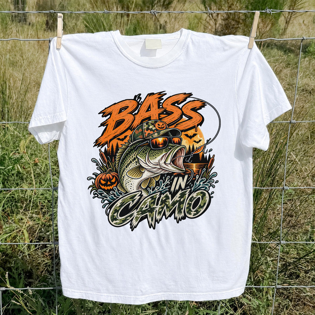 Bass in Camo Halloween Pumpkin Bass Fishing Graphic T-Shirt