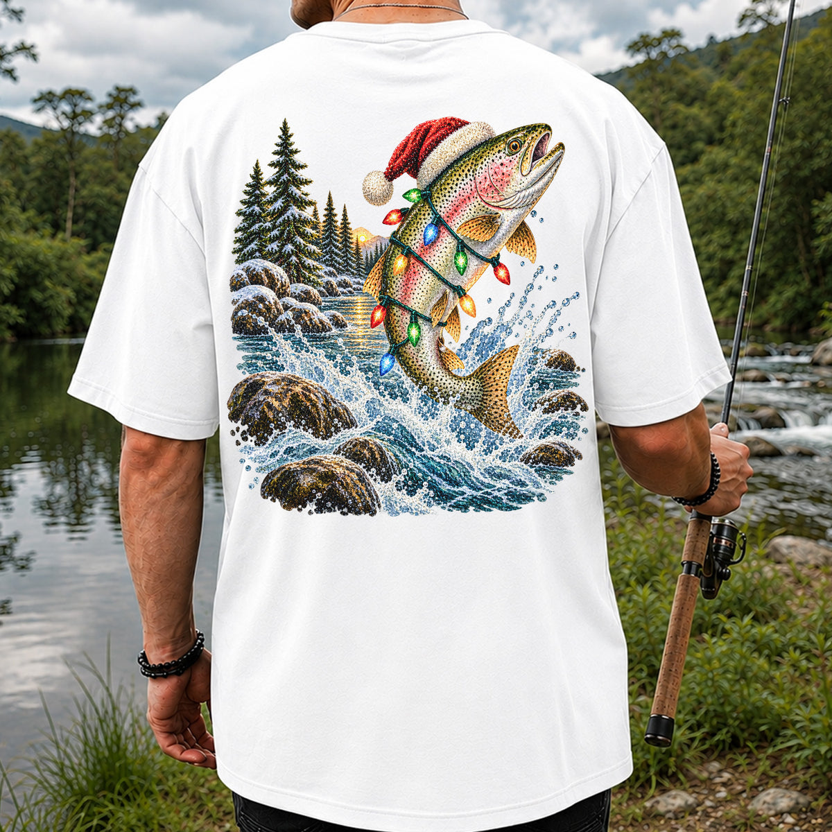 Santa Hat Rainbow Trout Christmas Fishing Graphic T-Shirt | Back Print