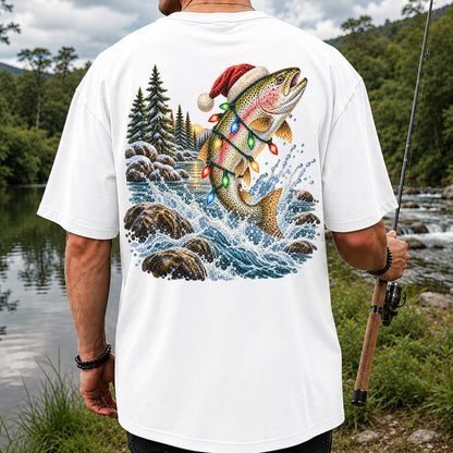 Santa Hat Rainbow Trout Christmas Fishing Graphic T-Shirt | Back Print