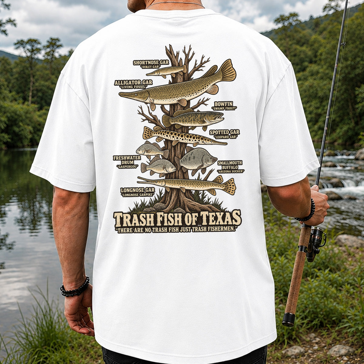 Trash Fish of Texas Gar and Freshwater Fish Graphic T-Shirt | Back Print