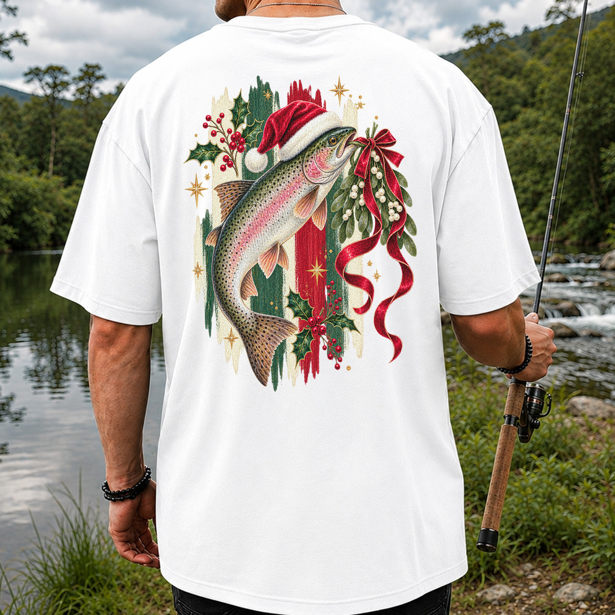 Christmas Santa Hat Rainbow Trout Fishing Graphic T-Shirt | Back Print