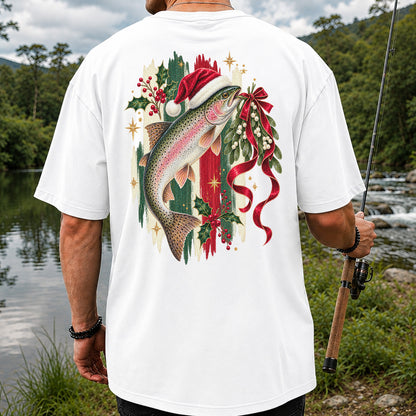 Christmas Santa Hat Rainbow Trout Fishing Graphic T-Shirt | Back Print