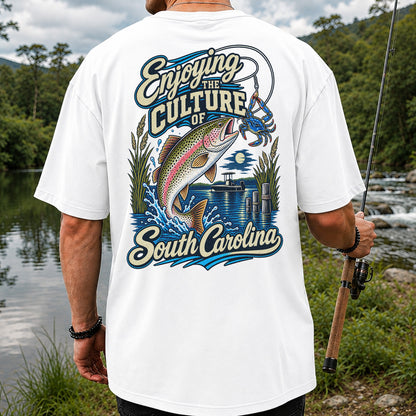 Enjoying the Culture of South Carolina Trout and Crab Fishing T-Shirt | Back Print