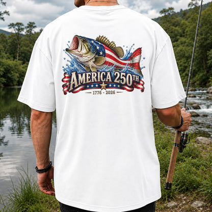 America 250th 1776–2026 American Flag Bass Fishing T-Shirt | Back Print