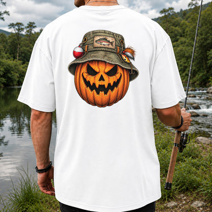 Halloween Pumpkin in a Trout Fishing Hat Graphic T-Shirt | Back Print