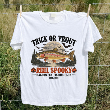 Trick or Trout Reel Spooky Halloween Fishing Club T-Shirt