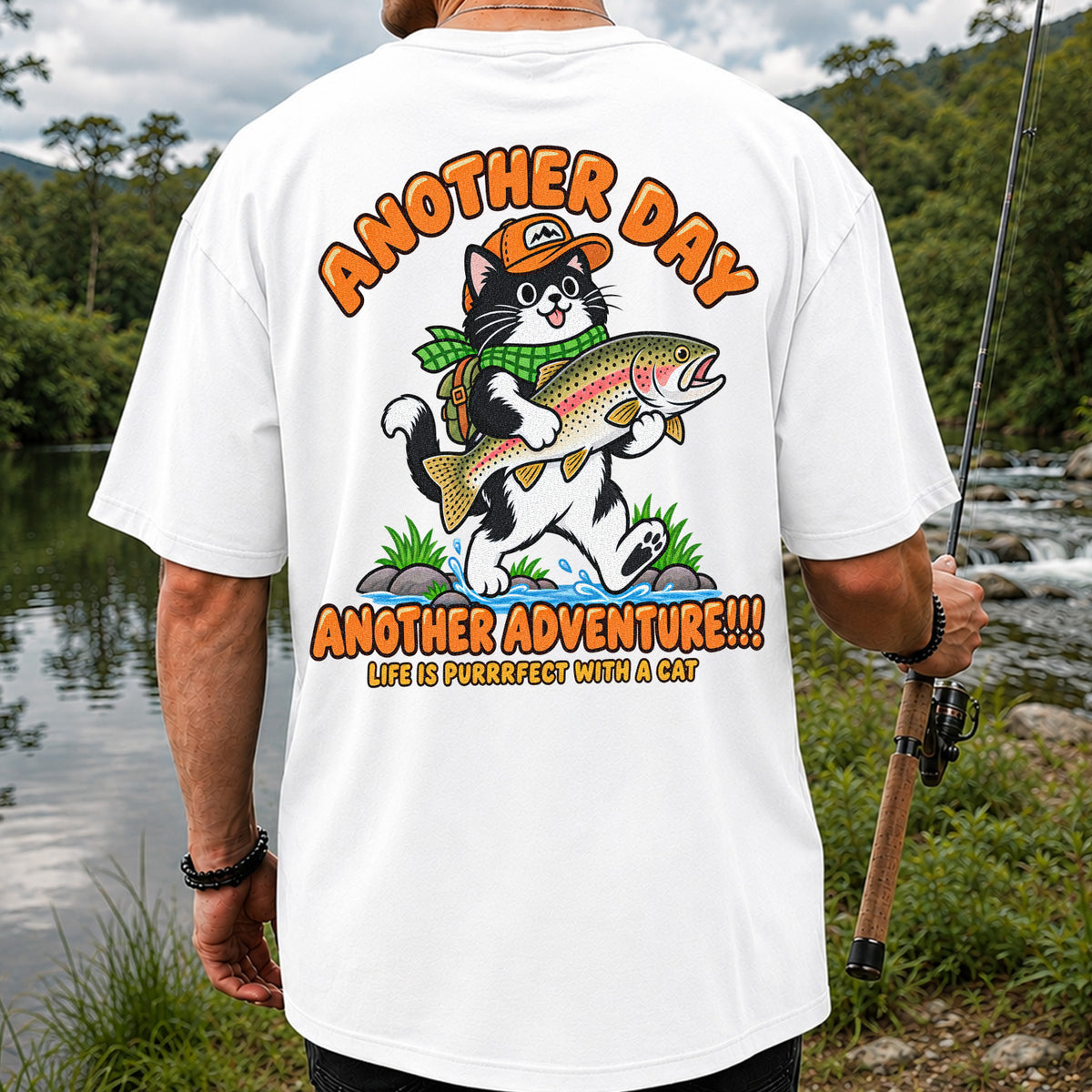 Another Day Another Adventure Cat and Trout Fishing Graphic T-Shirt | Back Print