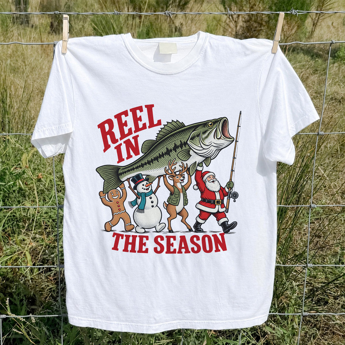 Reel in the Season Bass Christmas Fishing Graphic T-Shirt