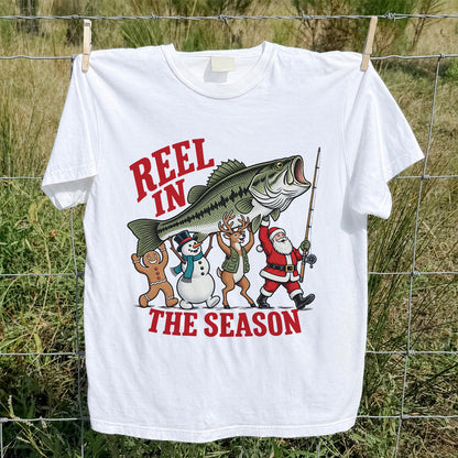 Reel in the Season Bass Christmas Fishing Graphic T-Shirt
